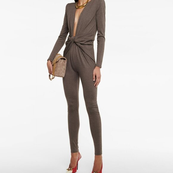 NEW Saint Laurent Long Sleeve Jumpsuit V-Neck Catsuit Taupe Gray Wool YSL 1 XS - Picture 1 of 9